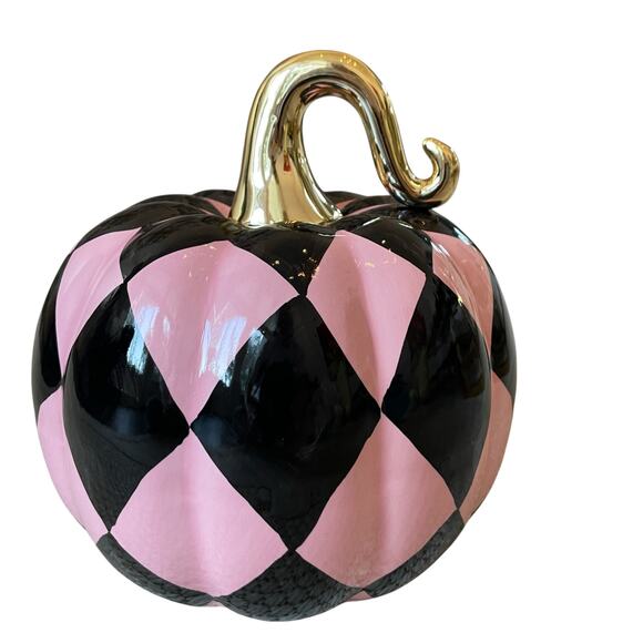 Halloween Harlequin Ceramic Pumpkin Pink & Black Chic...